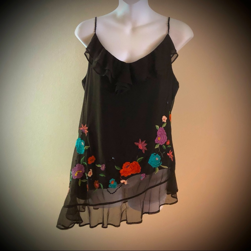 I.C.E. Womens Top Blouse* Size: L* Color: Brown* V-Neck* Embroided Flowers